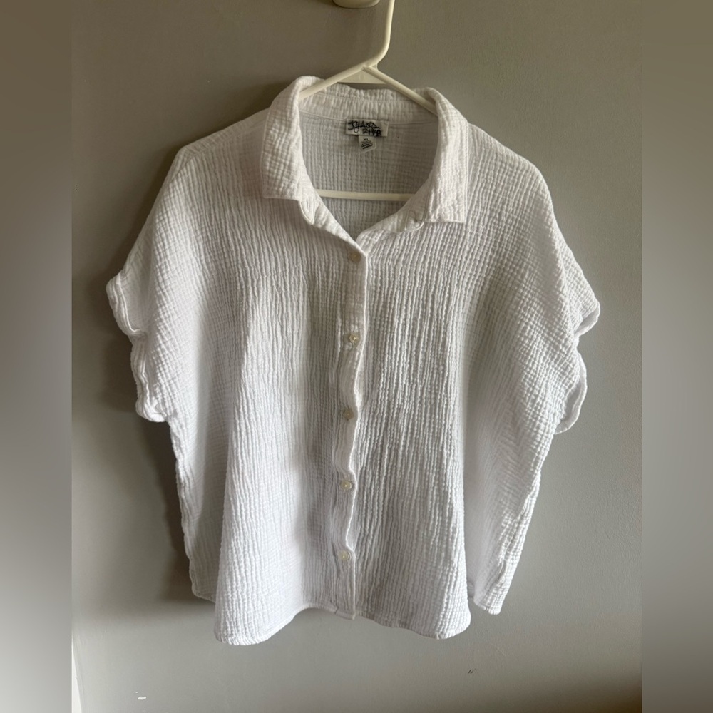 Jessica Simpson White Gauze Button Up Top XL Coastal Beachy Cotton Blouse